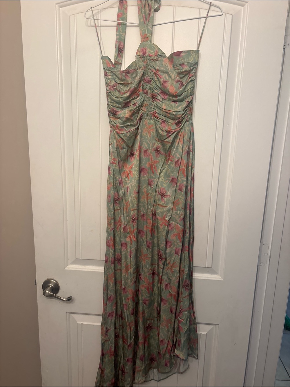 Alexis Green Floral Halter Maxi Dress with Pink Accents